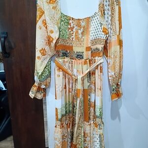 New Boot Bar L Elegant Long Sleeve Patchwork Dress - Orange and Green